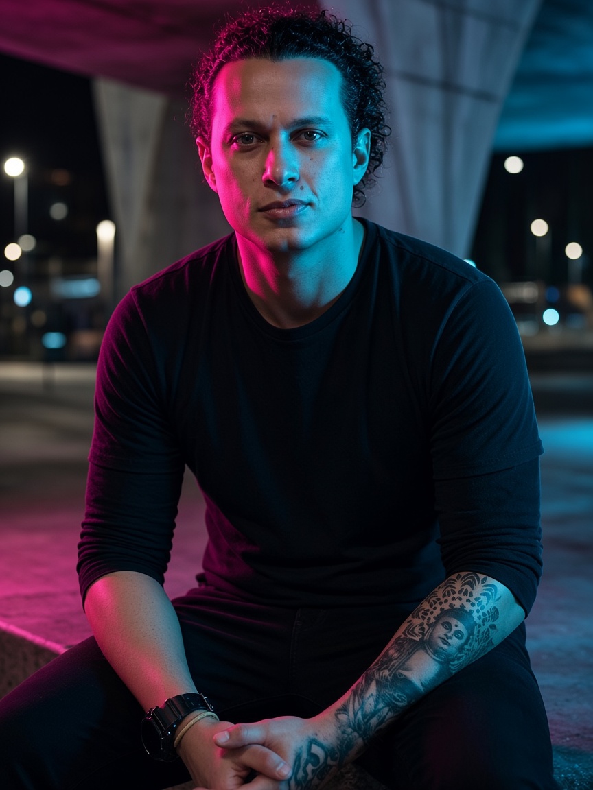 Retrato de Diplomata à noite, luz magenta e ciano, camiseta preta e tatuagem no antebraço.